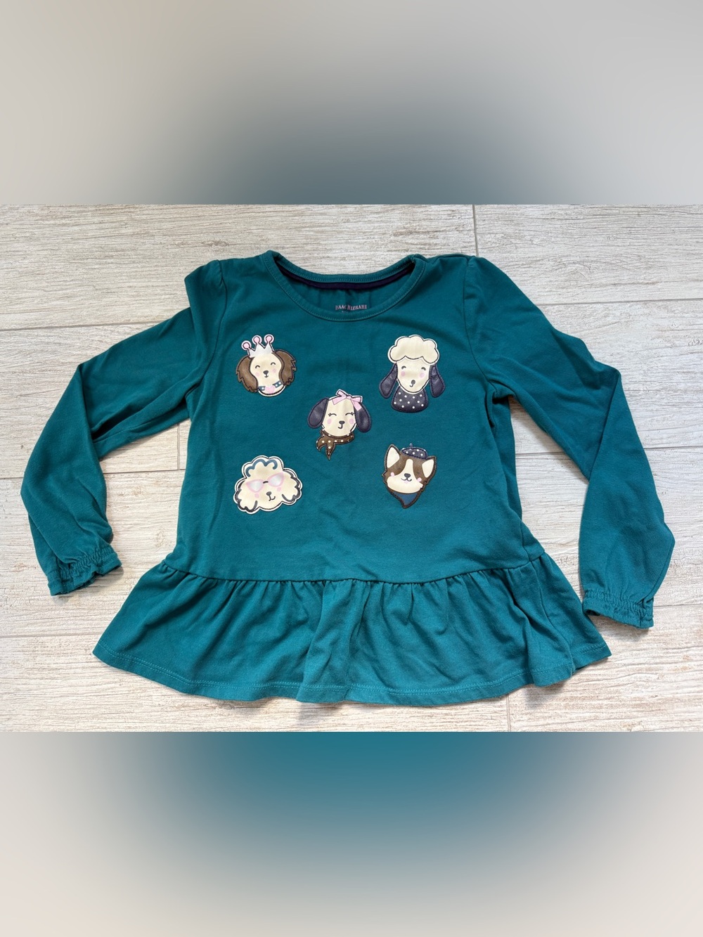 Teal Peplum Long-Sleeve Top with dog Faces